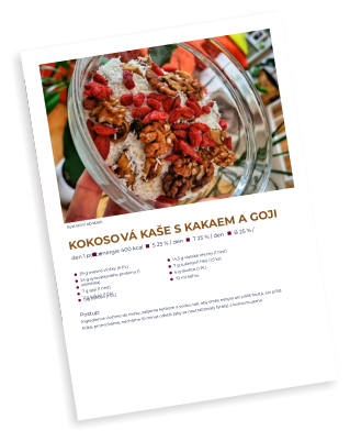 KOKOSOVÁ KAŠE S KAKAEM A GOJI Postup: Ingredience vložíme do misky, zalijeme kefírem a vodou tak, aby směs nebyla ani příliš hustá, ani příliš řídká, promícháme, necháme 10 minut odstát (aby se neutralizovaly fytáty) a konzumujeme. 29	g ovesné vločky (4 PL) 24	g syrovátkového proteinu (1 odměrka) 7	g goji (1 hrst) 7	g kakao (1 ČL) 14,5 g vlašské ořechy (1 hrst) 7	g sušených fíků (1,5 ks) 6	g skořice (1 PL) 72	ml kefíru Ilustrační obrázek energie 400 kcalS 25 % / denT 25 % / denB 25 % / den 1 porce 15g kokosu (1 ČL)